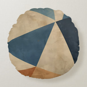 Geometric Pattern in Blues, Tans, and Rust Round Pillow