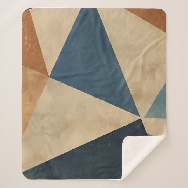 Geometric Pattern in Blues, Tans, and Rust Sherpa Blanket (Front)