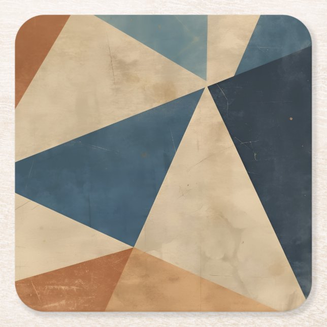Geometric Pattern in Blues, Tans, and Rust Square Paper Coaster (Front)