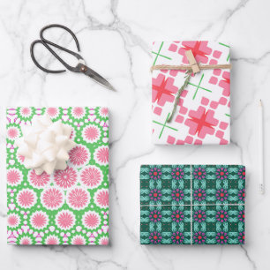 Geometric Pattern In Pink And Green Wrapping Paper Sheets