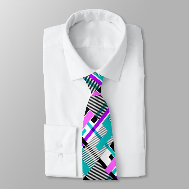 geometric pattern in striped and neon colors neck tie (Tied)