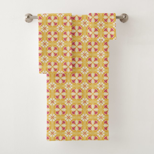 geometric pattern in yellow, pink, and orange bath towel set (Creator Uploaded)