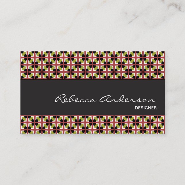 Geometric pattern maroon, olive, & black business card (Front)