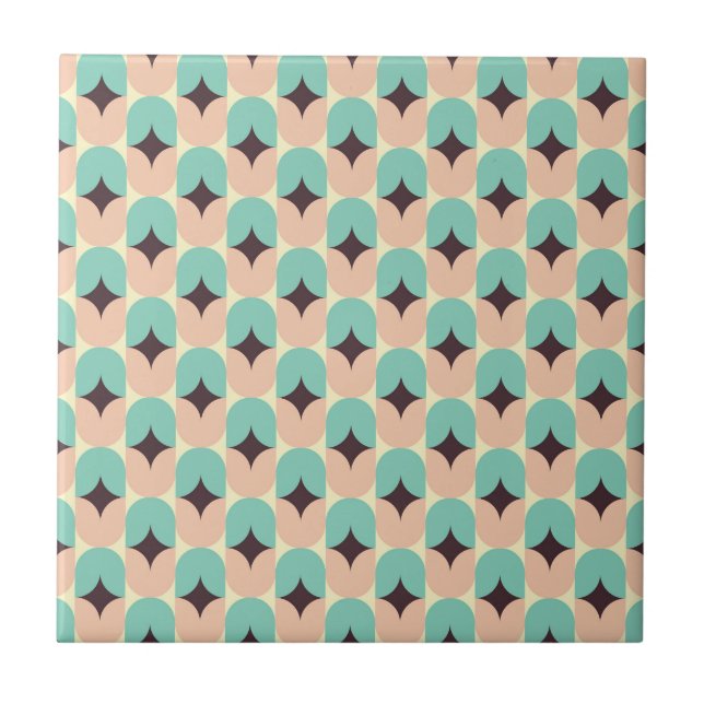 Geometric pattern of teal, beige, and black shapes ceramic tile (Front)