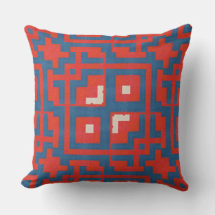 Geometric Pattern Red Shapes on Blue Background Throw Pillow