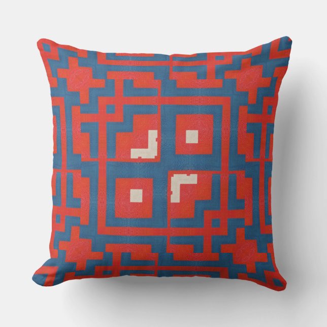 Geometric Pattern Red Shapes on Blue Background  Throw Pillow (Front)