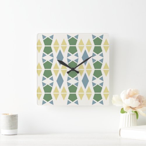  Geometric Pattern  Sage Lemon Blue  Square Wall Clock