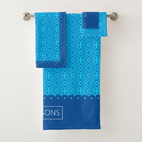 Geometric pattern scalloped borders aqua blue bath towel set