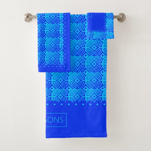 Geometric pattern scalloped borders blue tones bath towel set