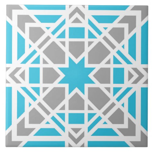 Geometric pattern teal white light grey ceramic tile