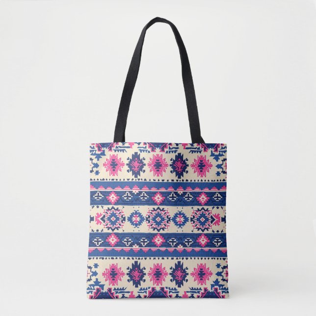 Geometric Pattern Tote Bag - Blue and Pink Stripes (Front)