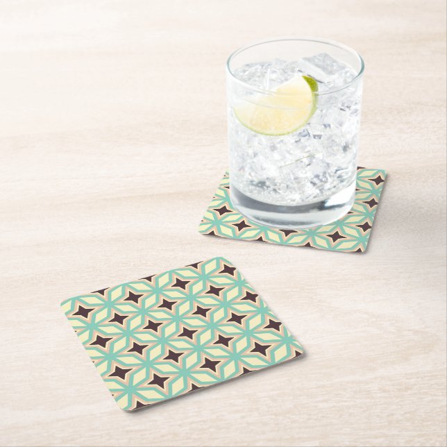 Geometric pattern with alternating dark star shape square paper coaster (Insitu)