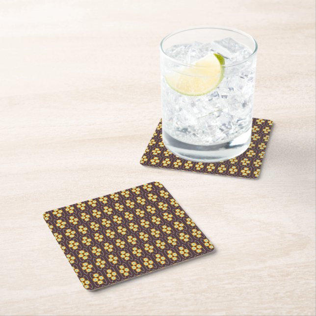 Geometric pattern with orange and blue hexagons square paper coaster (Insitu)