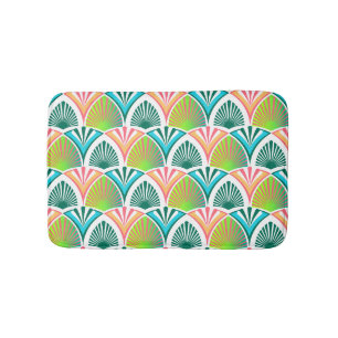 Geometric pattern with palm leaves and flowers bath mat