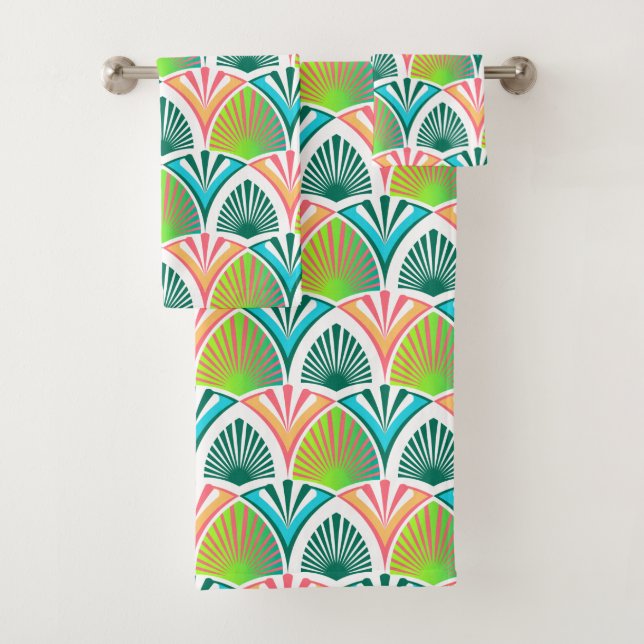 Geometric pattern with palm leaves and flowers bath towel set (Insitu)
