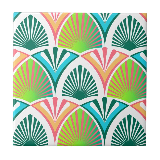 Geometric pattern with palm leaves and flowers ceramic tile (Front)