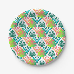 Geometric pattern with palm leaves and flowers paper plates