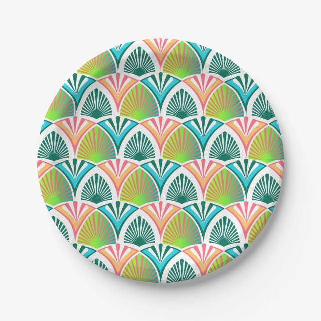 Geometric pattern with palm leaves and flowers paper plates (Front)
