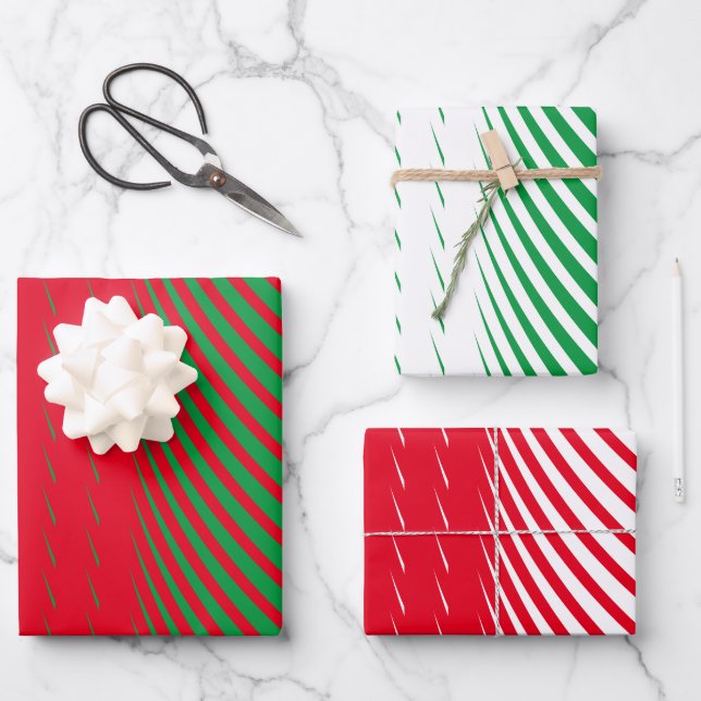 Geometric Patterns Christmas Red Green White Artsy Wrapping Paper Sheets (Front)