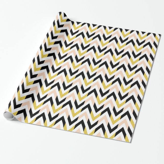 Geometric Peachy Pink, Gold, Black & White Chevron Wrapping Paper (Unrolled)