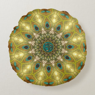Geometric Peacock Feather Mandala Om Symbol Spirit Round Pillow