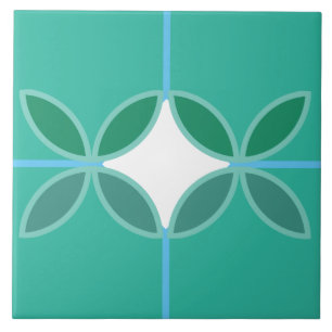 Geometric petal circles and diamond cross on cyan ceramic tile