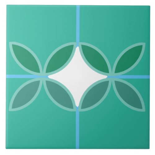 Geometric petal circles and diamond cross on cyan ceramic tile