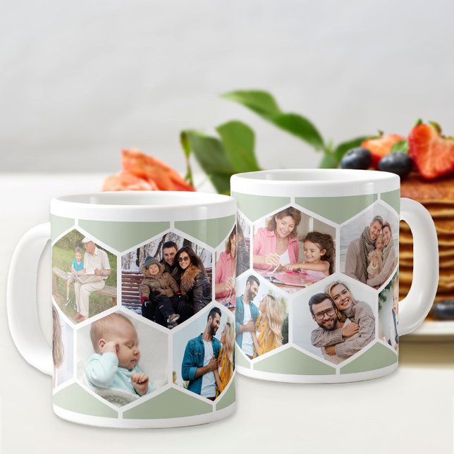Geometric Photo Collage 9 Picture Sage Green Giant Coffee Mug (Jumbo photo mug with 9 of your favorite pics and sage green hexagon honeycomb pattern)