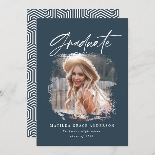 Geometric photo navy blue script graduation announcement