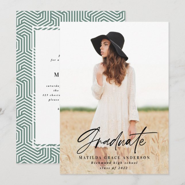 Geometric photo sage green graduation party invite (Front/Back)