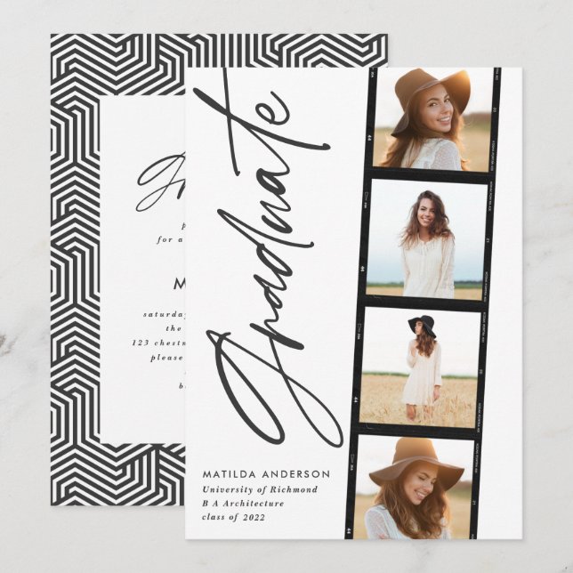 Geometric photo typography black white graduation announcement (Front/Back)