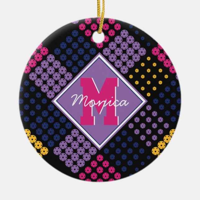 Geometric pickleball pattern, with name ceramic ornament (Front)