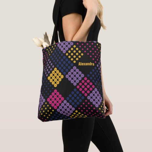 Geometric pickleball pattern with name tote bag