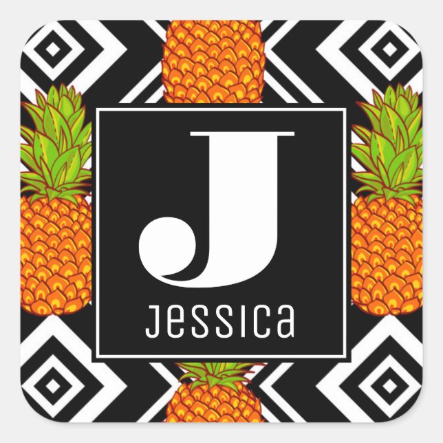Geometric Pineapples | Monogram Square Sticker (Front)