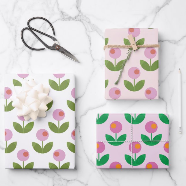 Geometric Pink and Green Flowers Wrapping Paper Sheets (Front)