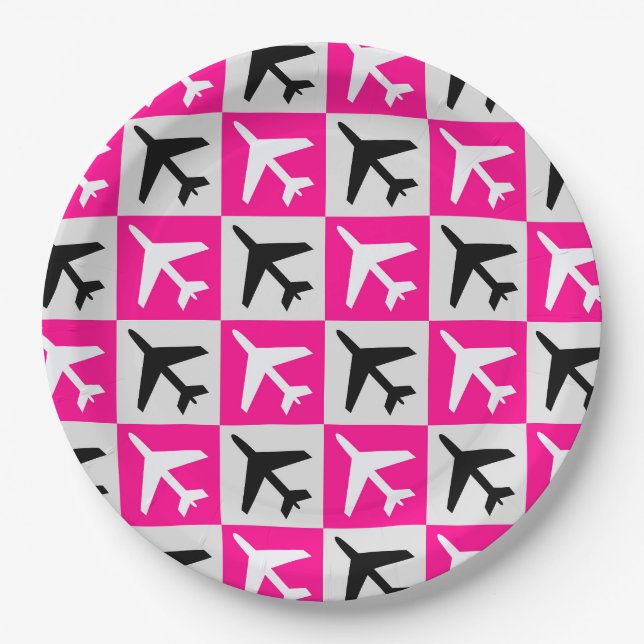 Geometric Pink Aviation Jets Airplane Paper Plates (Front)