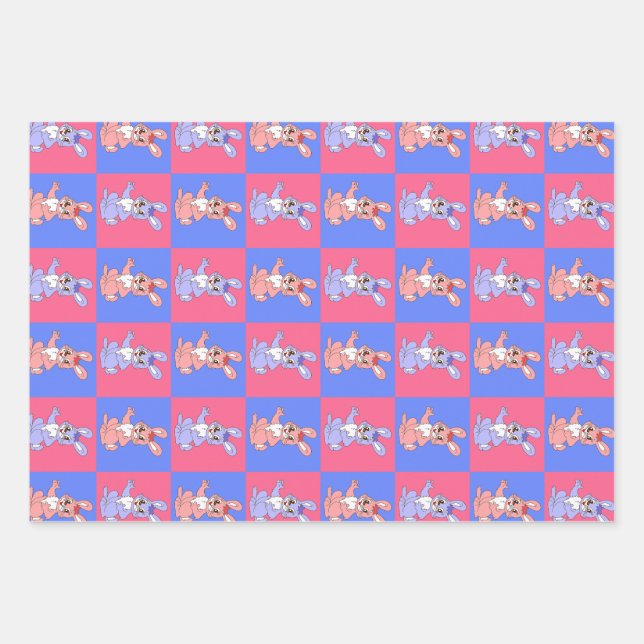Geometric Pink Blue Bunny Rabbit Pattern  Wrapping Paper Sheets (Front)
