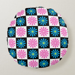 Geometric Pink Blue Floral Pattern Round Pillow