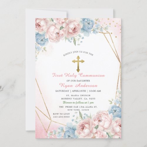 Geometric Pink Blue Roses First Holy Communion Invitation