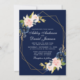 Geometric Pink Blush Blue Floral Gold Wedding Invitation