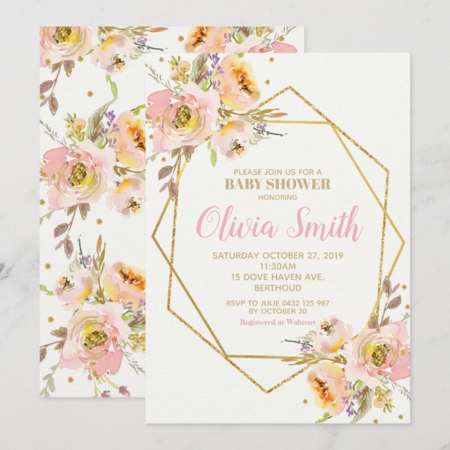 Geometric Pink Blush Floral Baby Shower Girl Invitation (Front/Back)