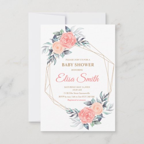 geometric pink blush floral baby shower girl RSVP card