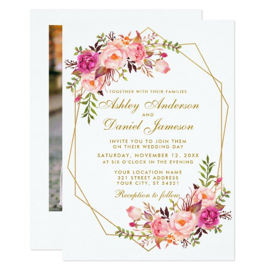 Geometric Pink Blush Floral Gold Photo Wedding Invitation | Zazzle.com