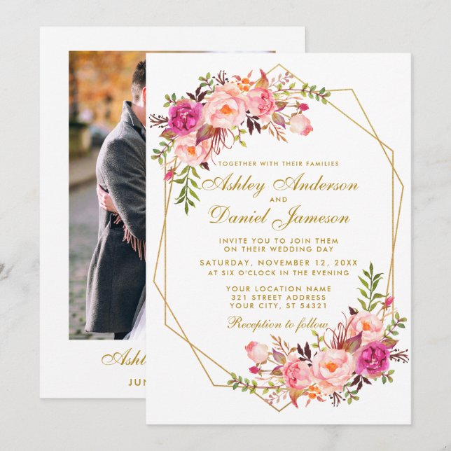 Geometric Pink Blush Floral Gold Photo Wedding Invitation (Front/Back)