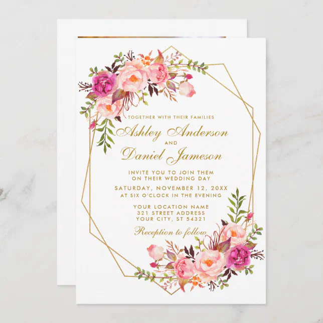 Geometric Pink Blush Floral Gold Photo Wedding Invitation | Zazzle