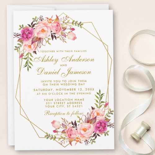 Geometric Pink Blush Floral Gold Wedding Invitation