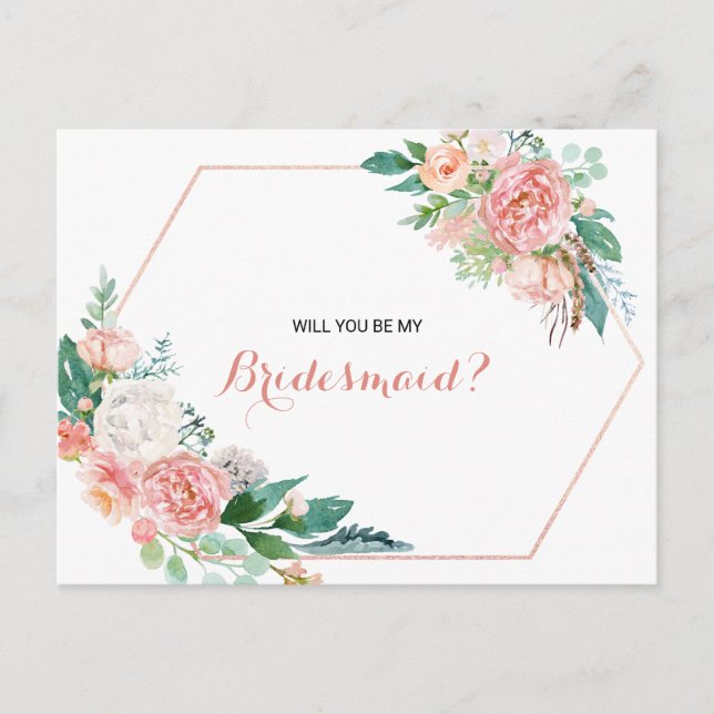 Geometric Pink Blush Spring Floral Bridesmaid Invitation Postcard (Front)
