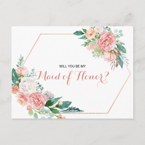 Geometric Pink Blush Spring Floral Maid of Honor Invitation Postcard