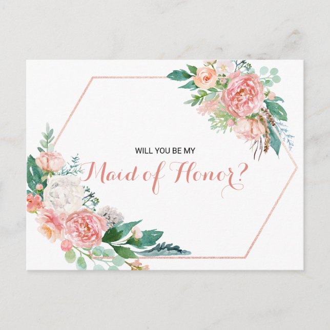 Geometric Pink Blush Spring Floral Maid of Honor Invitation Postcard (Front)