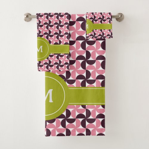 Geometric Pink Burgundy Floral Green Lime Monogram Bath Towel Set